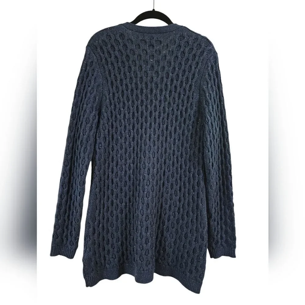 NEW! LANDS END navy blue/silver button down cardigan, chunky knit, size M/10-12